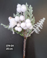 Crenguță artificială de Crăciun cu bobițe albe și sclipici – 25cm 10/set